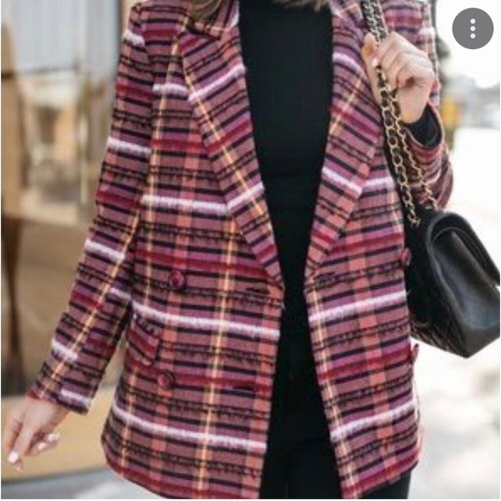 Topshop Pink Plaid Double-Breasted Blazer